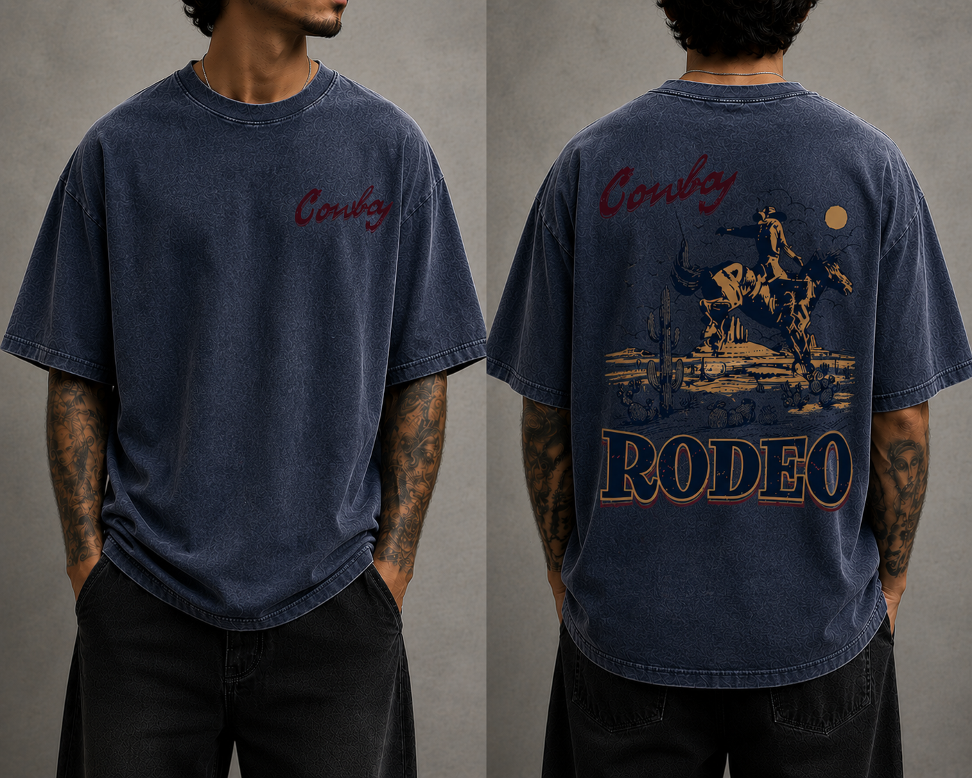 Men’s Cowboy Rodeo Vintage Washed Oversized T-Shirt Western Graphic Streetwear Tee