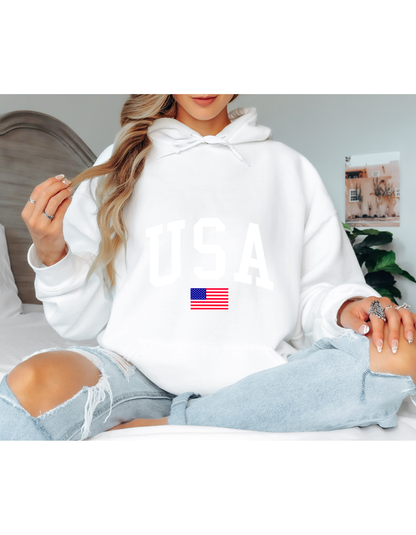 White USA Oversized Hoodie – Minimal American Flag Graphic Hoodie