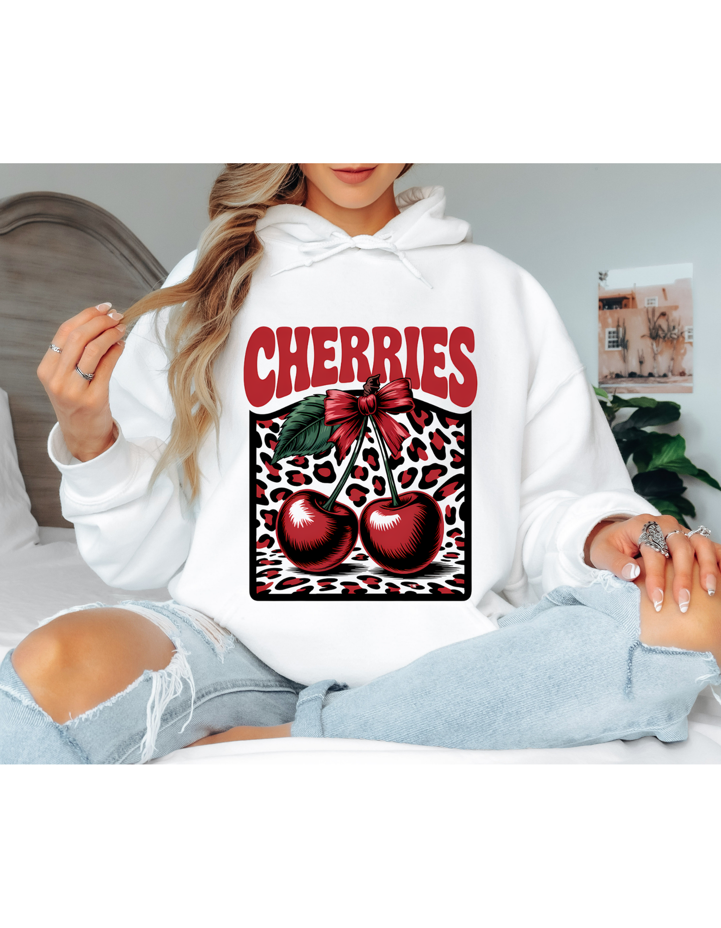 Dark Olive Cherry Graphic Hoodie – Vintage Leopard Print Oversized Hoodie