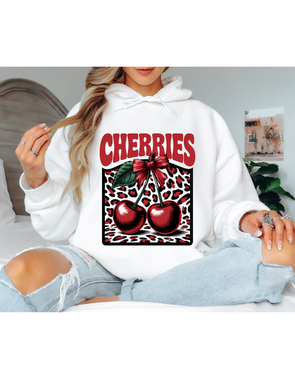 Dark Olive Cherry Graphic Hoodie – Vintage Leopard Print Oversized Hoodie