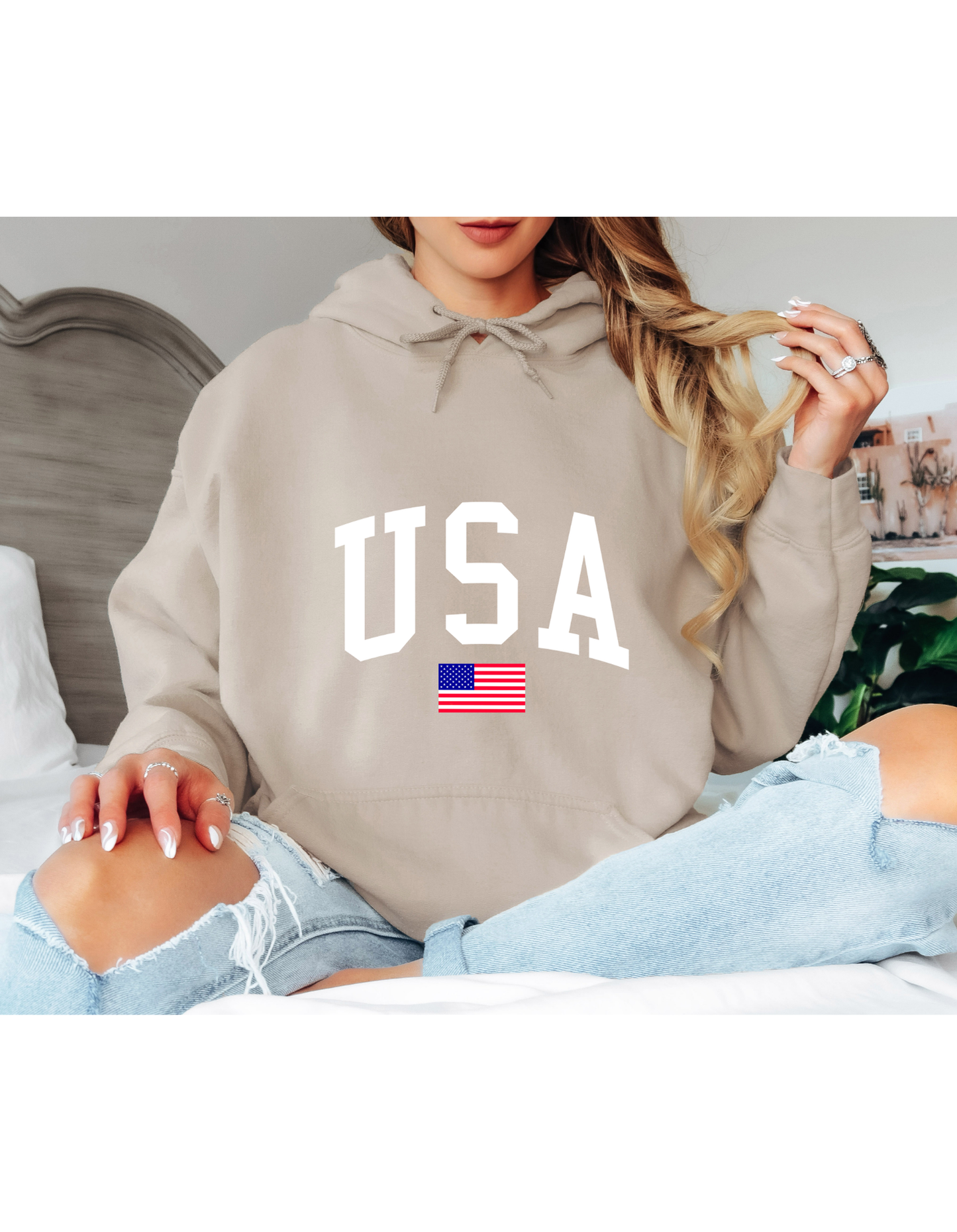 White USA Oversized Hoodie – Minimal American Flag Graphic Hoodie