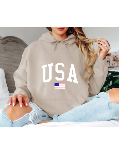 White USA Oversized Hoodie – Minimal American Flag Graphic Hoodie