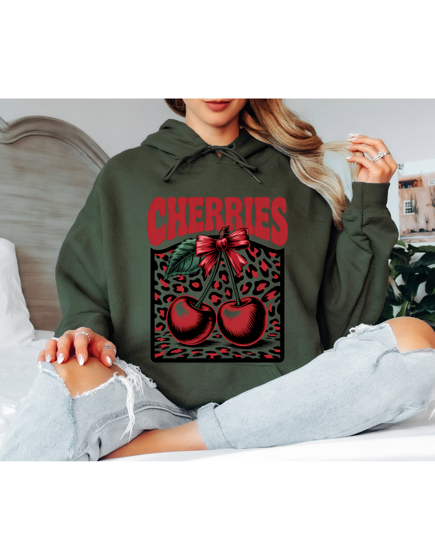 Dark Olive Cherry Graphic Hoodie – Vintage Leopard Print Oversized Hoodie
