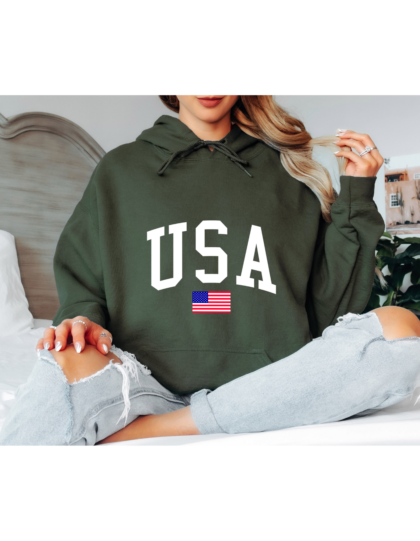 White USA Oversized Hoodie – Minimal American Flag Graphic Hoodie