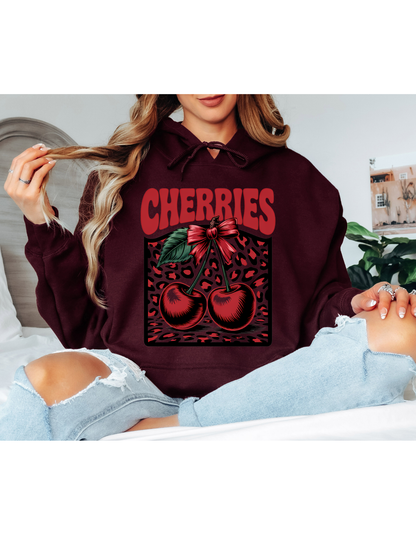 Dark Olive Cherry Graphic Hoodie – Vintage Leopard Print Oversized Hoodie