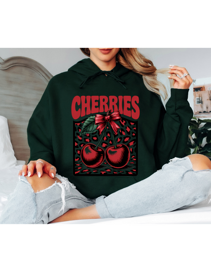Dark Olive Cherry Graphic Hoodie – Vintage Leopard Print Oversized Hoodie