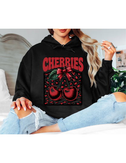 Dark Olive Cherry Graphic Hoodie – Vintage Leopard Print Oversized Hoodie