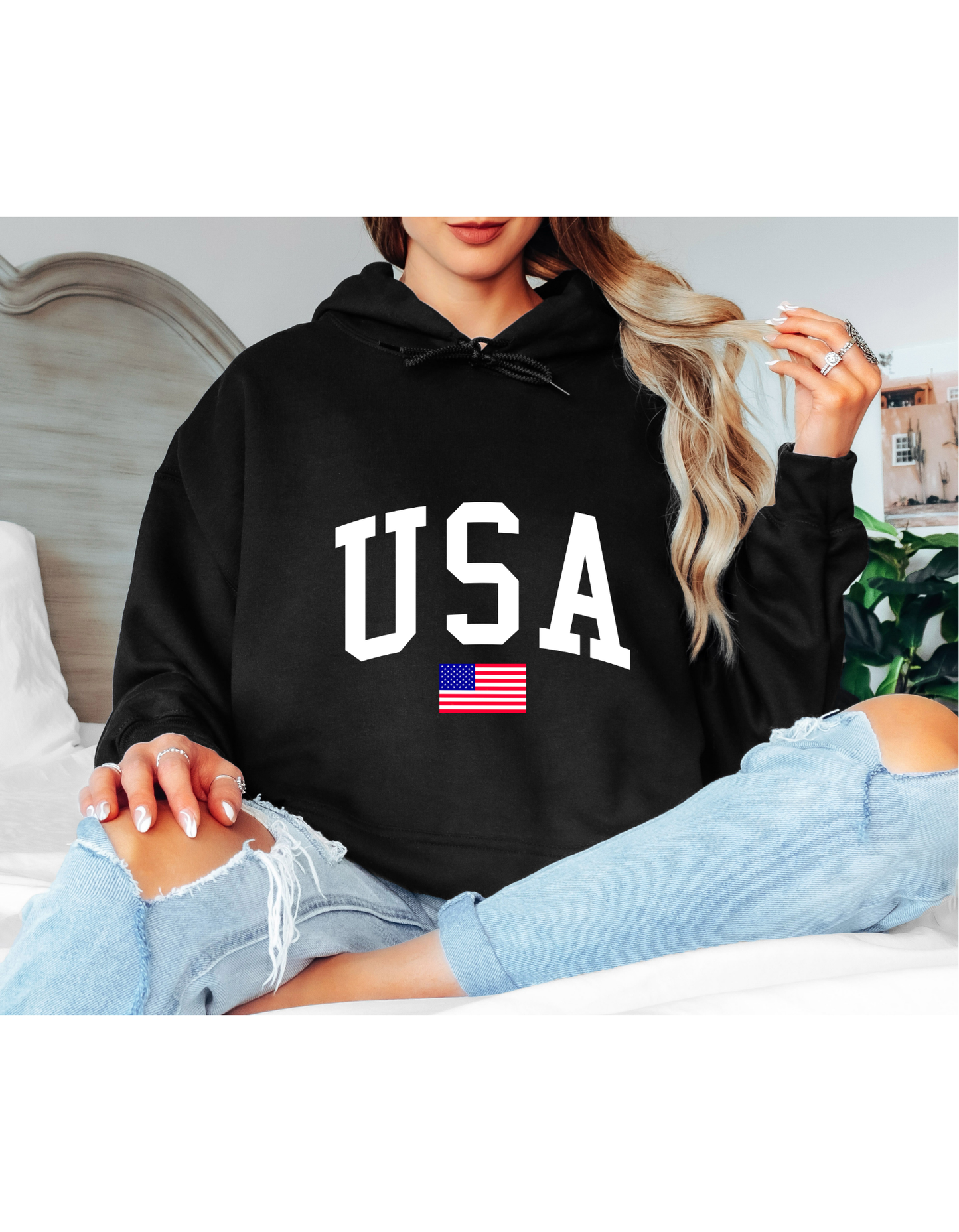 White USA Oversized Hoodie – Minimal American Flag Graphic Hoodie