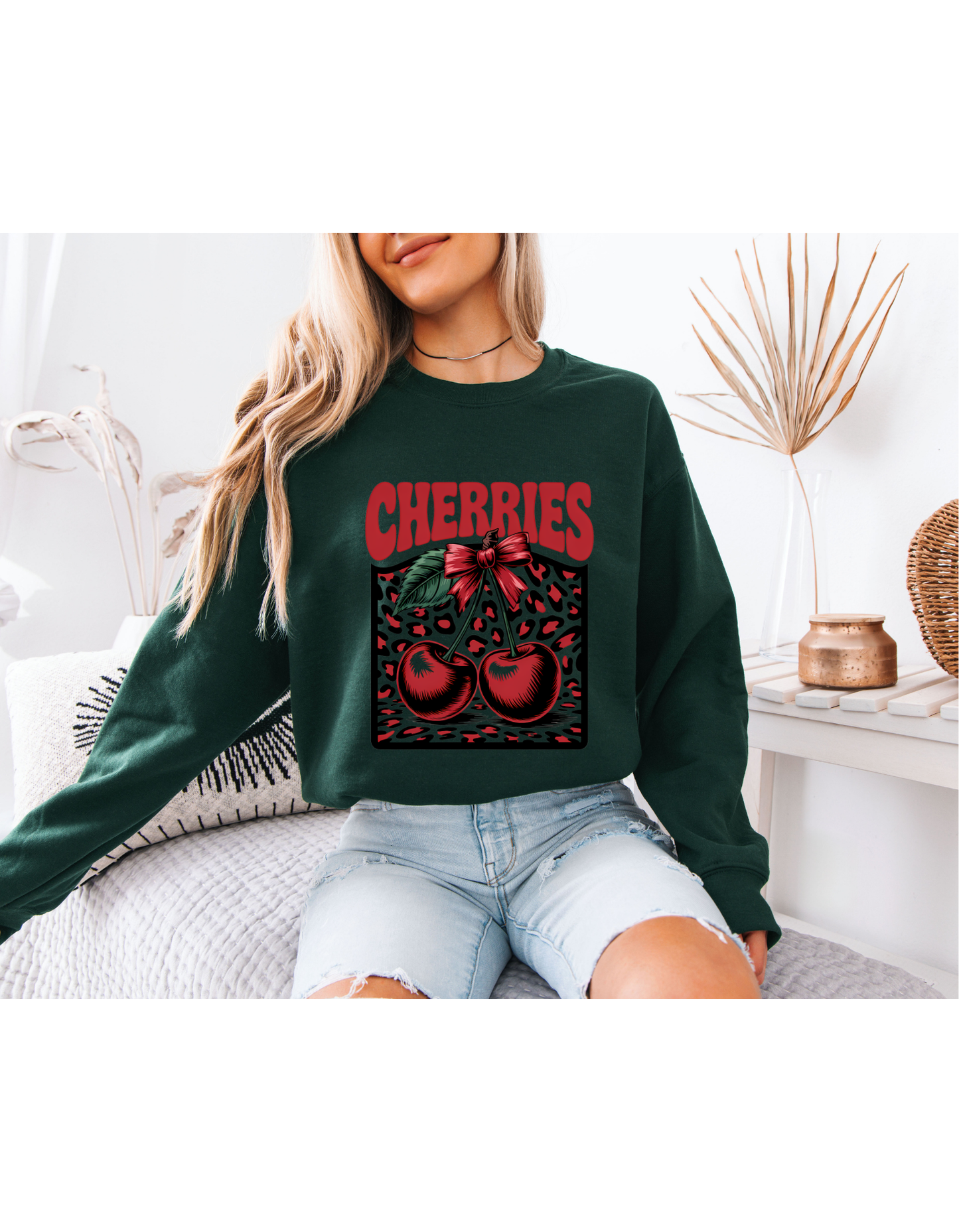 White Cherry Graphic Sweatshirt – Vintage Leopard Print Oversized Crewneck