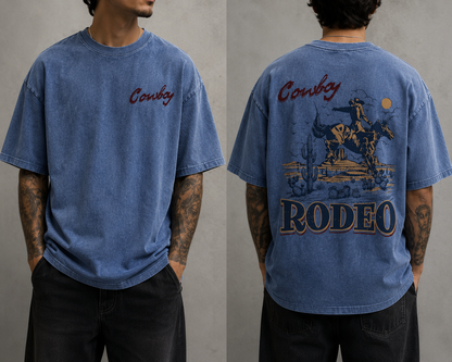 Men’s Cowboy Rodeo Vintage Washed Oversized T-Shirt Western Graphic Streetwear Tee