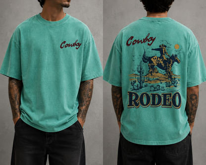 Men’s Cowboy Rodeo Vintage Washed Oversized T-Shirt Western Graphic Streetwear Tee