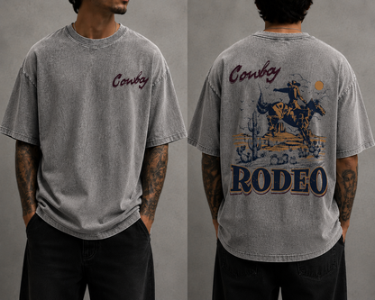 Men’s Cowboy Rodeo Vintage Washed Oversized T-Shirt Western Graphic Streetwear Tee