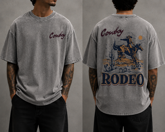Men’s Cowboy Rodeo Vintage Washed Oversized T-Shirt Western Graphic Streetwear Tee