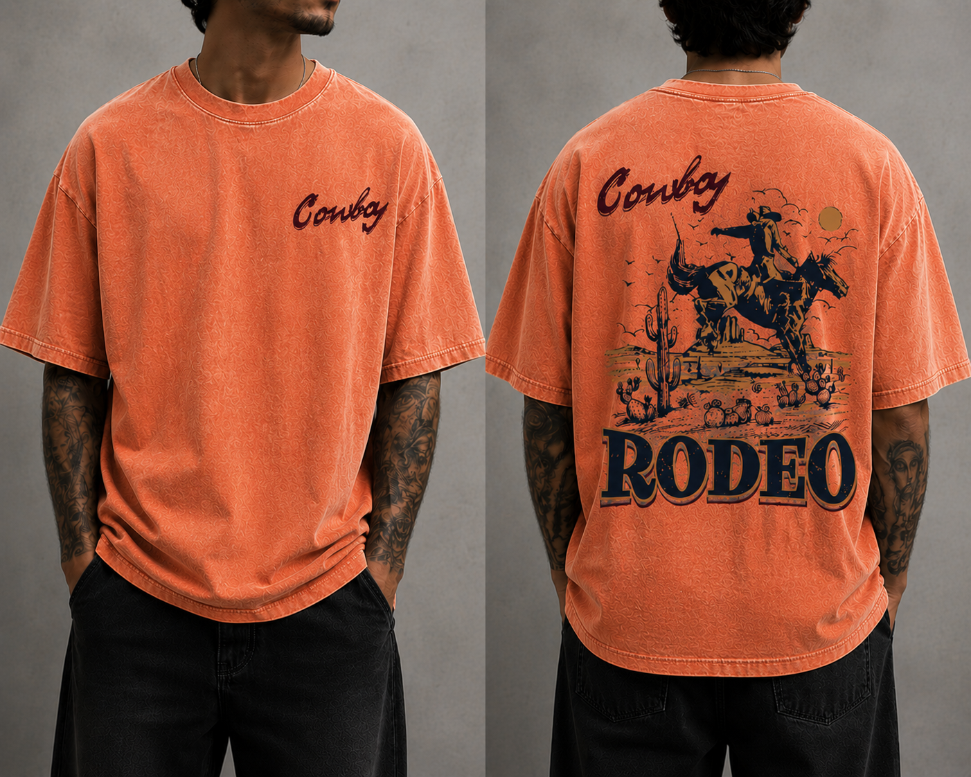Men’s Cowboy Rodeo Vintage Washed Oversized T-Shirt Western Graphic Streetwear Tee