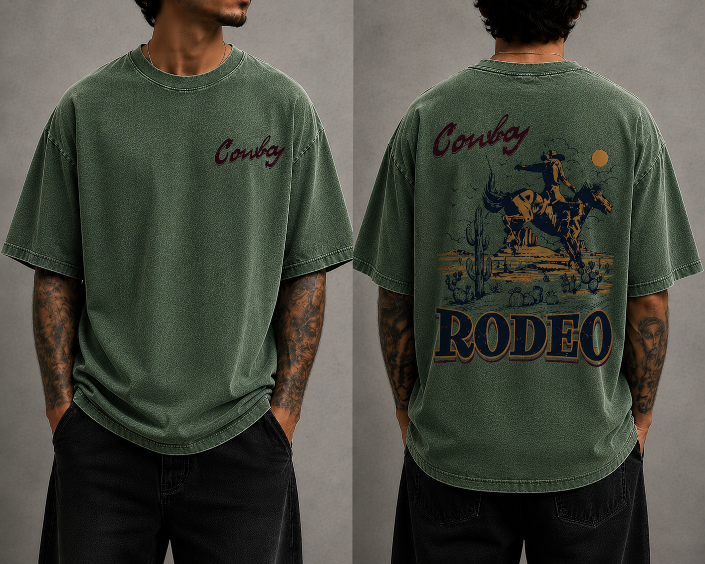 Men’s Cowboy Rodeo Vintage Washed Oversized T-Shirt Western Graphic Streetwear Tee