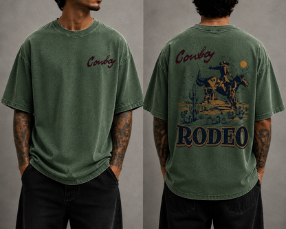 Men’s Cowboy Rodeo Vintage Washed Oversized T-Shirt Western Graphic Streetwear Tee