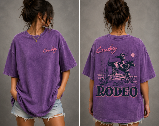 Vintage Cowboy Rodeo Oversized T-Shirt Women’s Western Graphic Tee Acid Wash Streetwear Shirt