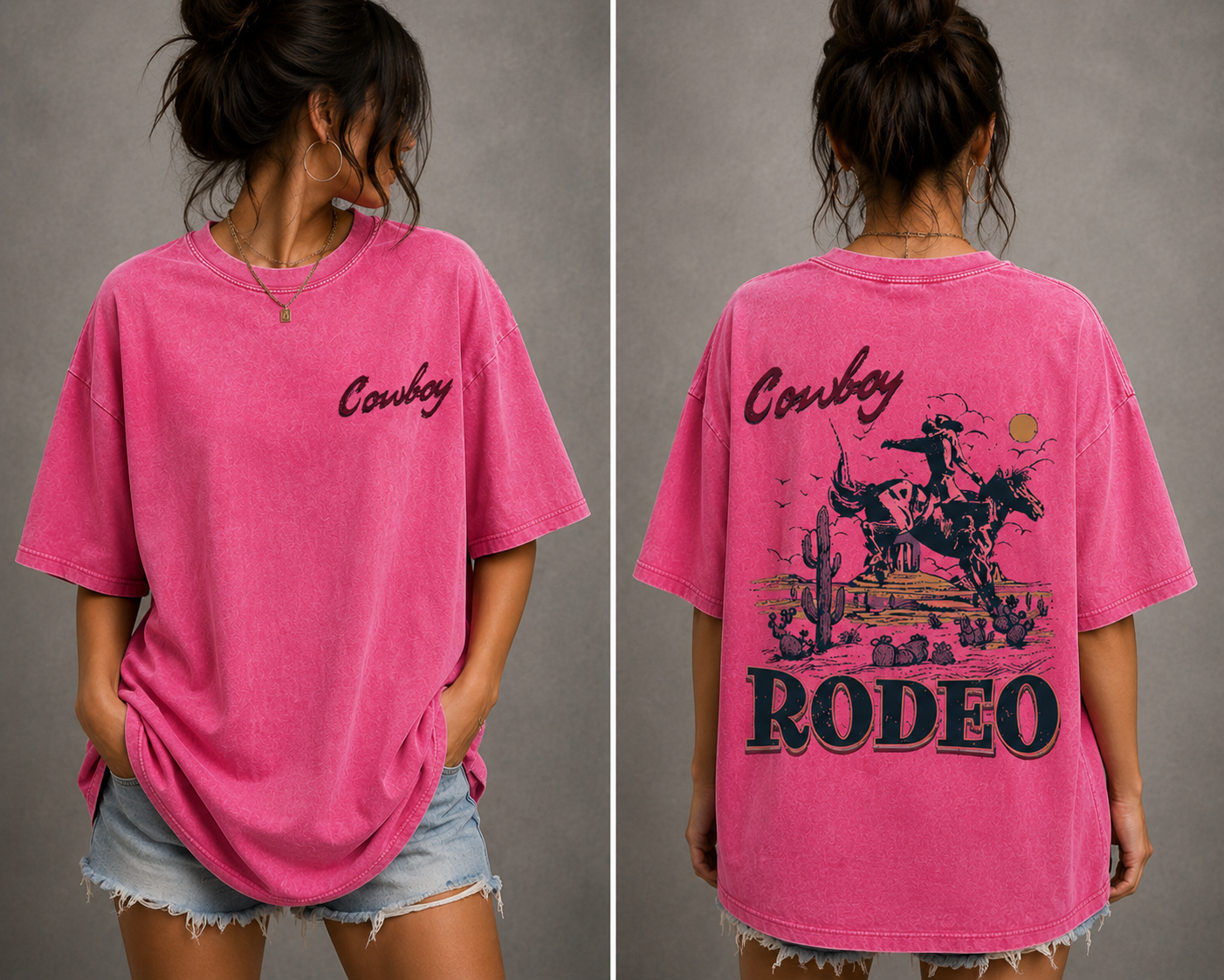 Vintage Cowboy Rodeo Oversized T-Shirt Women’s Western Graphic Tee Acid Wash Streetwear Shirt