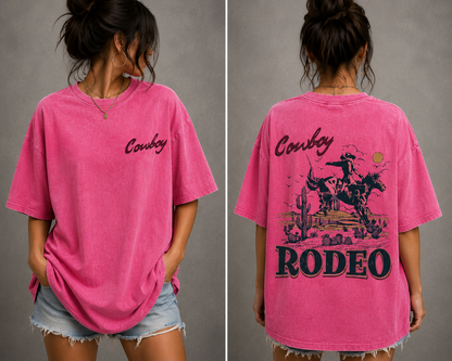 Vintage Cowboy Rodeo Oversized T-Shirt Women’s Western Graphic Tee Acid Wash Streetwear Shirt