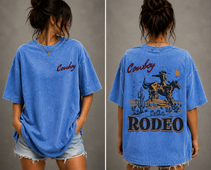 Vintage Cowboy Rodeo Oversized T-Shirt Women’s Western Graphic Tee Acid Wash Streetwear Shirt