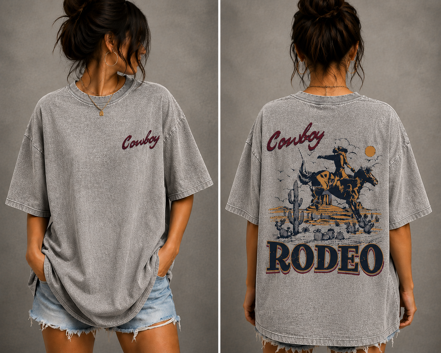 Vintage Cowboy Rodeo Oversized T-Shirt Women’s Western Graphic Tee Acid Wash Streetwear Shirt
