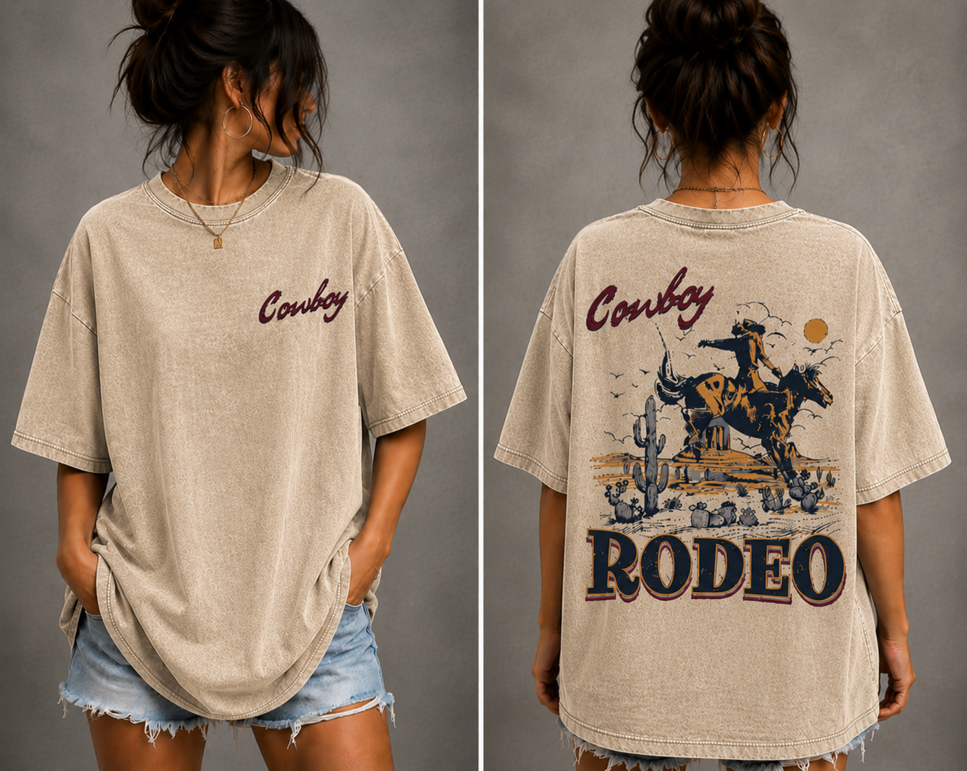 Vintage Cowboy Rodeo Oversized T-Shirt Women’s Western Graphic Tee Acid Wash Streetwear Shirt