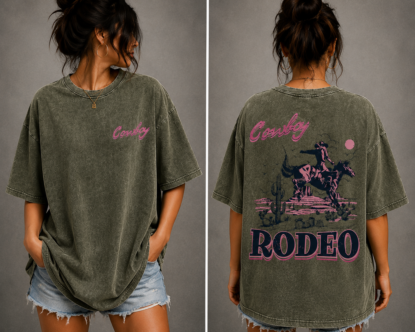 Vintage Cowboy Rodeo Oversized T-Shirt Women’s Western Graphic Tee Acid Wash Streetwear Shirt