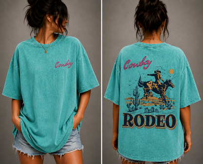 Vintage Cowboy Rodeo Oversized T-Shirt Women’s Western Graphic Tee Acid Wash Streetwear Shirt