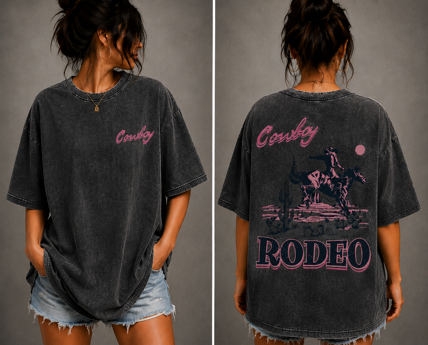 Vintage Cowboy Rodeo Oversized T-Shirt Women’s Western Graphic Tee Acid Wash Streetwear Shirt