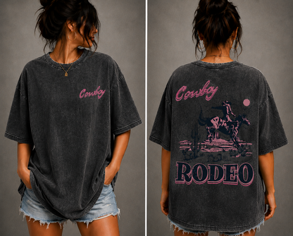 Vintage Cowboy Rodeo Oversized T-Shirt Women’s Western Graphic Tee Acid Wash Streetwear Shirt