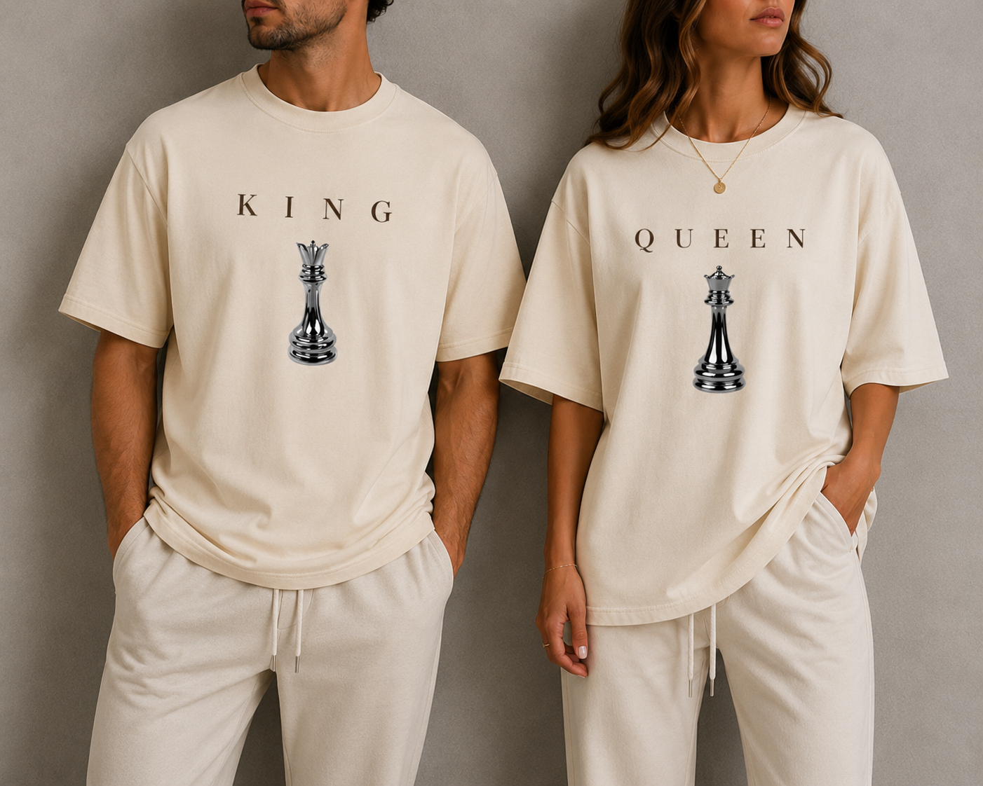 KING & QUEEN Matching Couple Shirts Minimal Chess Graphic Oversized T-Shirts Luxury Streetwear Set