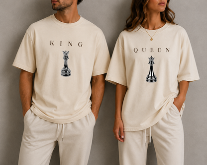KING & QUEEN Matching Couple Shirts Minimal Chess Graphic Oversized T-Shirts Luxury Streetwear Set
