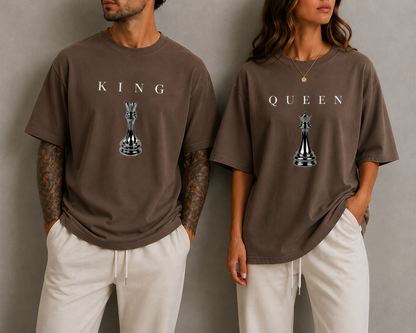 KING & QUEEN Matching Couple Shirts Minimal Chess Graphic Oversized T-Shirts Luxury Streetwear Set