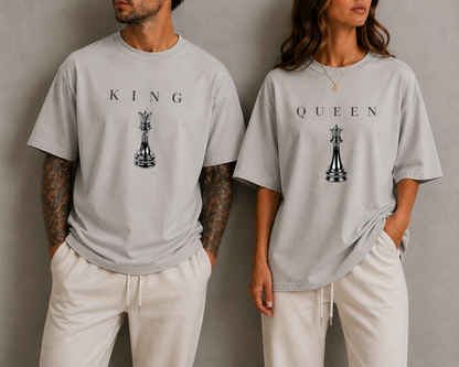 KING & QUEEN Matching Couple Shirts Minimal Chess Graphic Oversized T-Shirts Luxury Streetwear Set