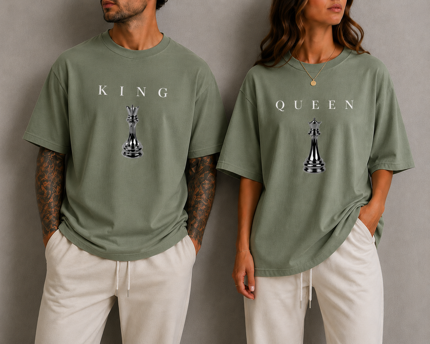 KING & QUEEN Matching Couple Shirts Minimal Chess Graphic Oversized T-Shirts Luxury Streetwear Set
