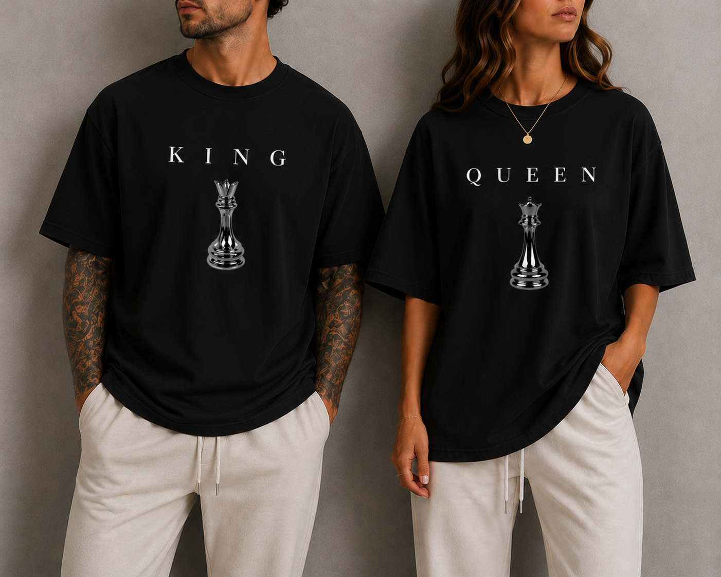 KING & QUEEN Matching Couple Shirts Minimal Chess Graphic Oversized T-Shirts Luxury Streetwear Set