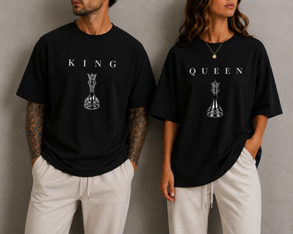 KING & QUEEN Matching Couple Shirts Minimal Chess Graphic Oversized T-Shirts Luxury Streetwear Set