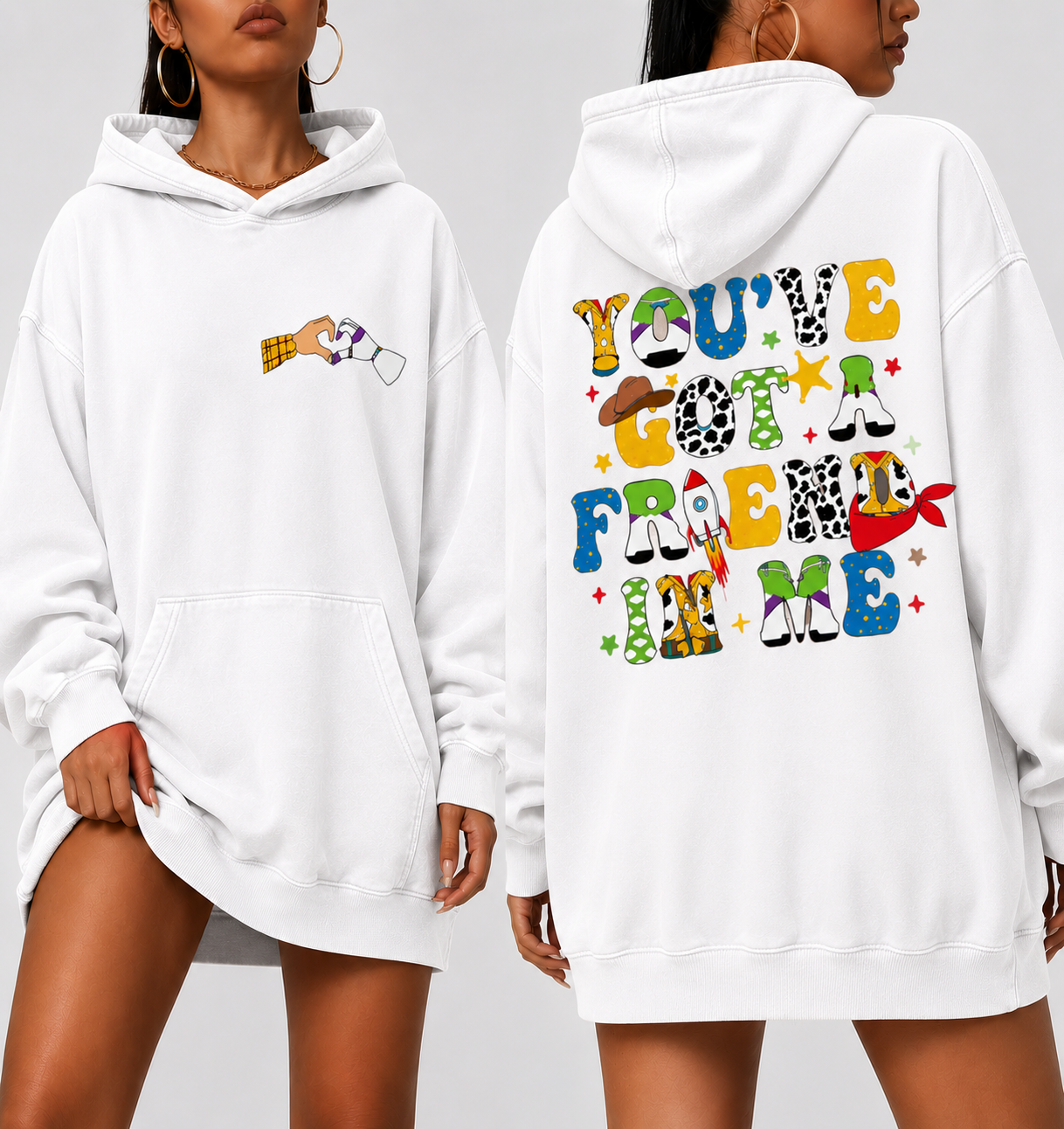 White Oversized Friendship Hoodie – “You’ve Got A Friend In Me” Graphic Hoodie