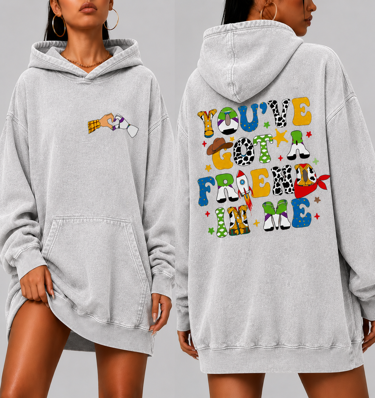White Oversized Friendship Hoodie – “You’ve Got A Friend In Me” Graphic Hoodie