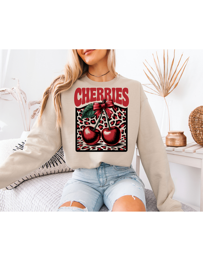 White Cherry Graphic Sweatshirt – Vintage Leopard Print Oversized Crewneck
