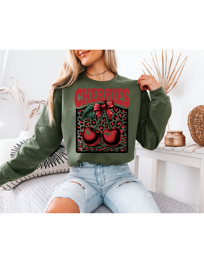 White Cherry Graphic Sweatshirt – Vintage Leopard Print Oversized Crewneck