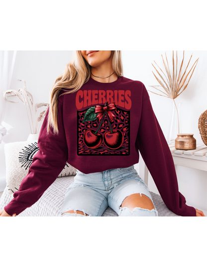 White Cherry Graphic Sweatshirt – Vintage Leopard Print Oversized Crewneck