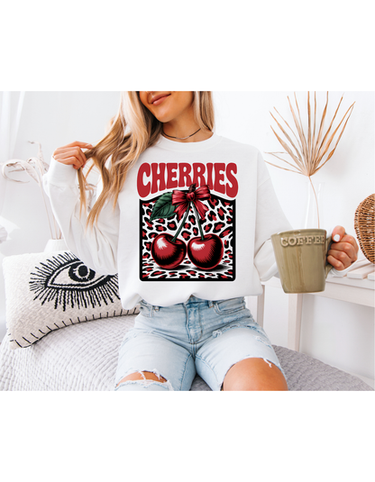 White Cherry Graphic Sweatshirt – Vintage Leopard Print Oversized Crewneck