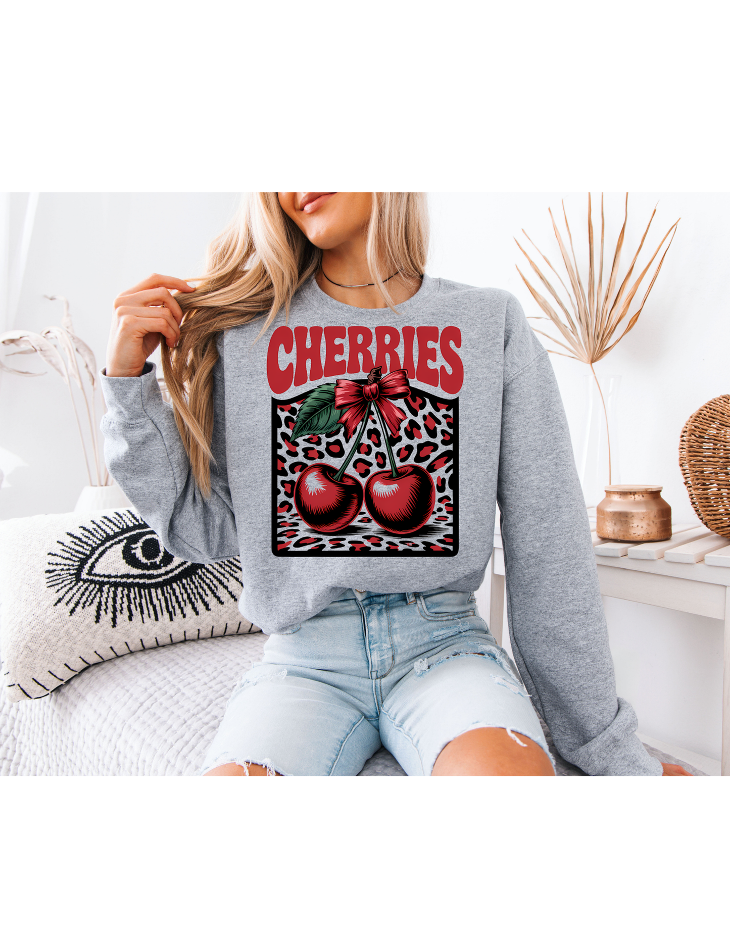 White Cherry Graphic Sweatshirt – Vintage Leopard Print Oversized Crewneck