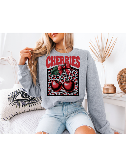 White Cherry Graphic Sweatshirt – Vintage Leopard Print Oversized Crewneck