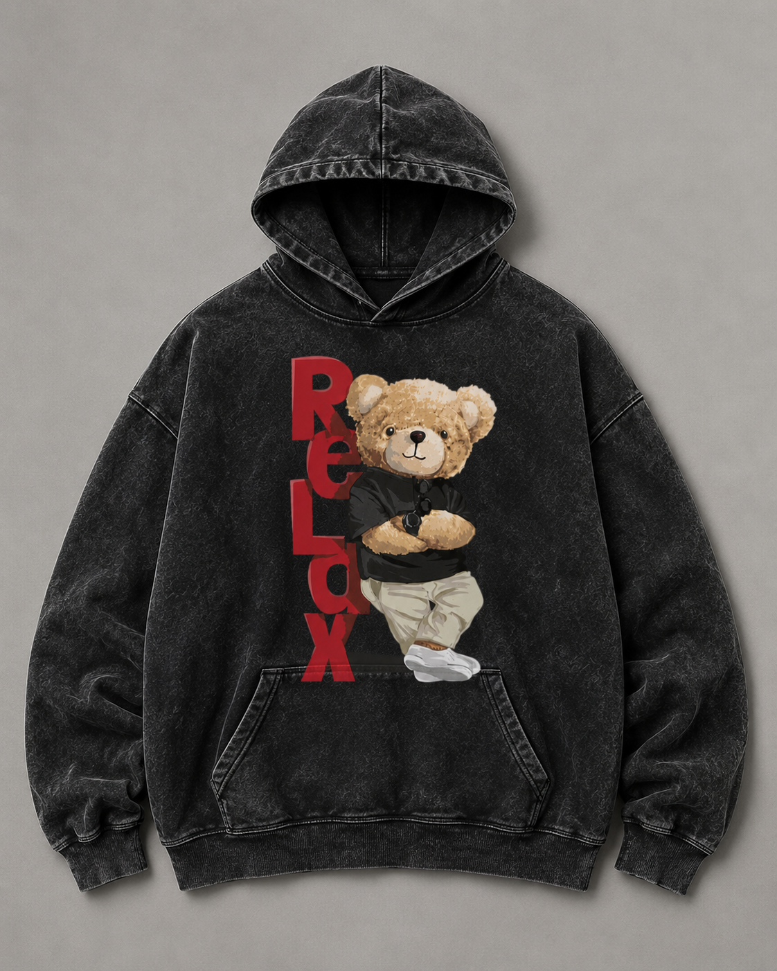 Vintage Black Oversized Teddy Bear Hoodie – Relax Graphic Streetwear Hoodie