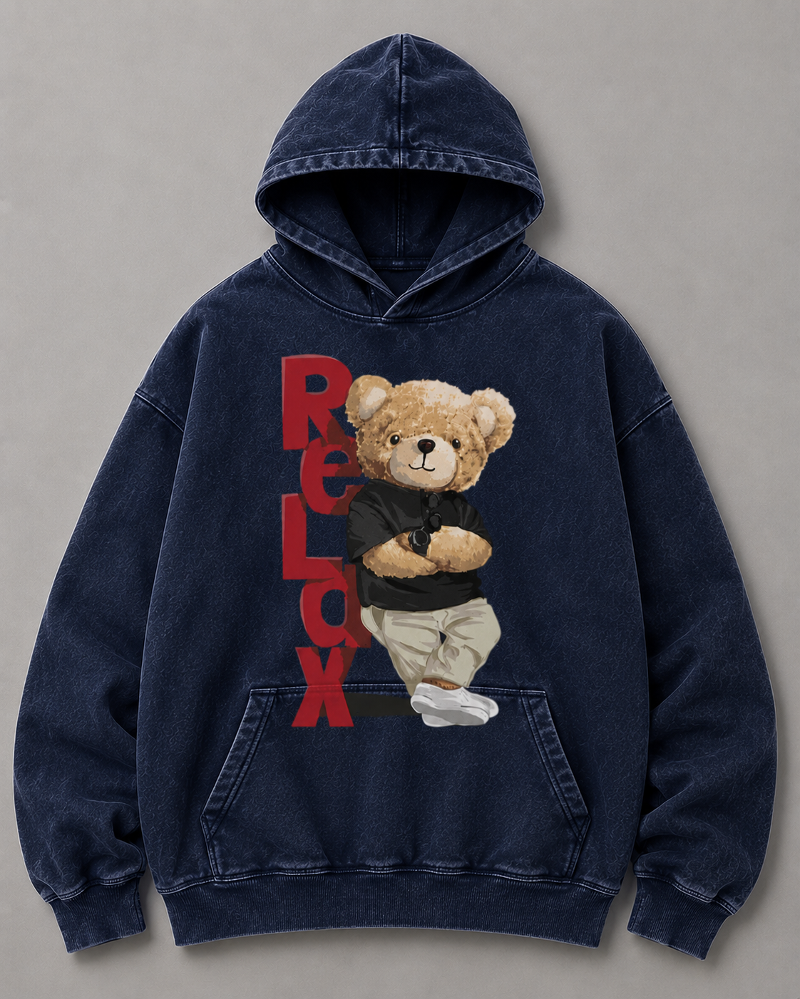 Vintage Black Oversized Teddy Bear Hoodie – Relax Graphic Streetwear Hoodie