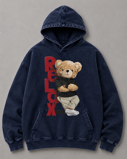 Vintage Black Oversized Teddy Bear Hoodie – Relax Graphic Streetwear Hoodie