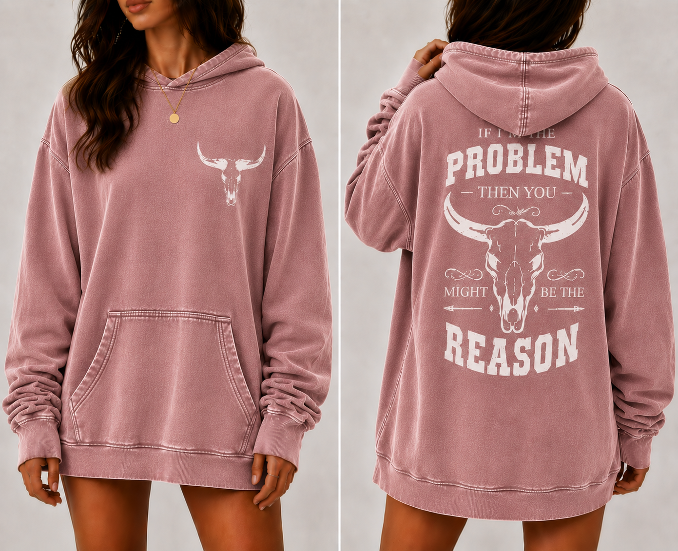 Washed Brown Western Oversized Hoodie – “If I’m The Problem Then You Might Be The Reason” Graphic Hoodie