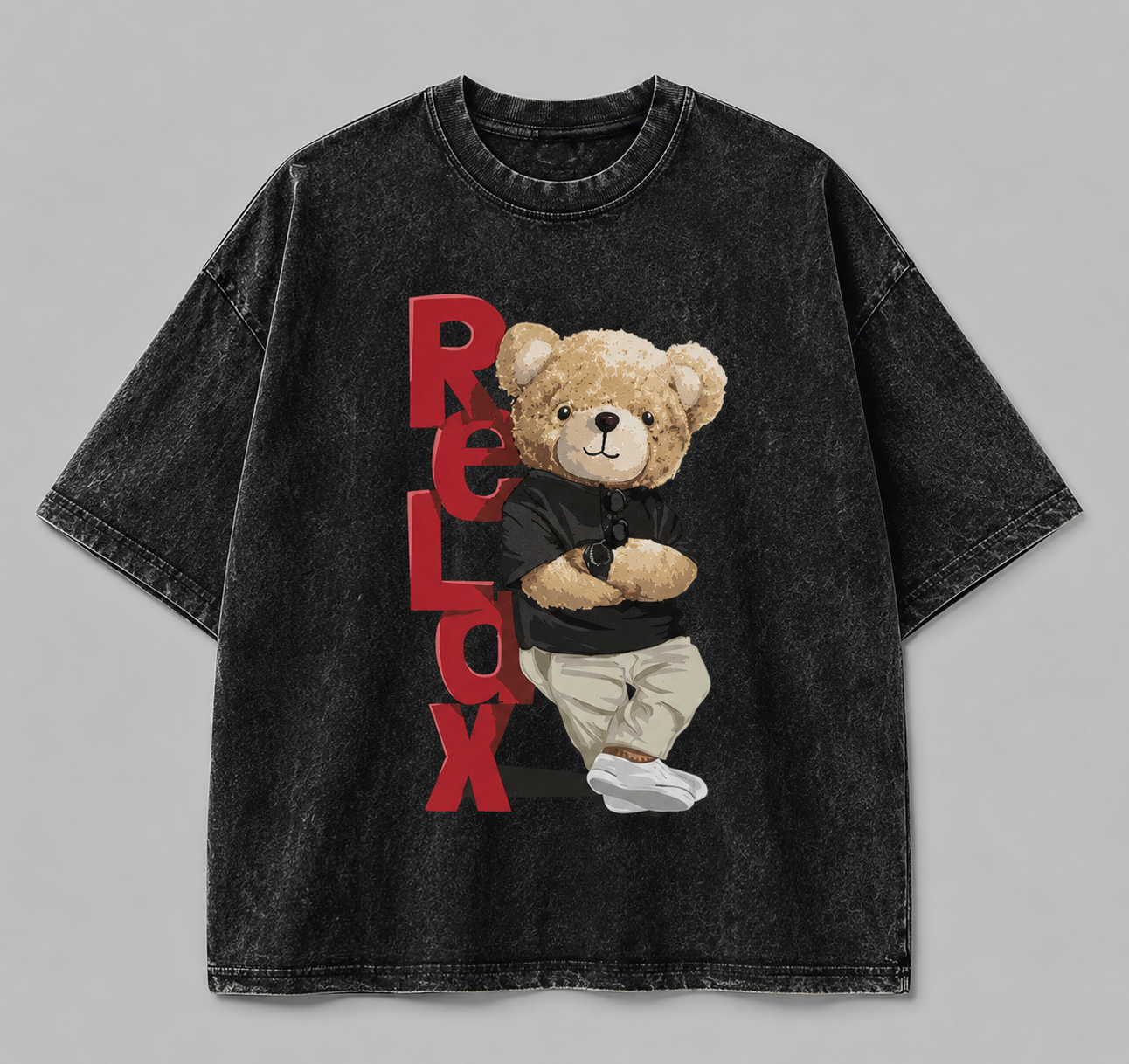 Vintage Black Oversized Teddy Bear Graphic T-Shirt – Relax Streetwear Tee